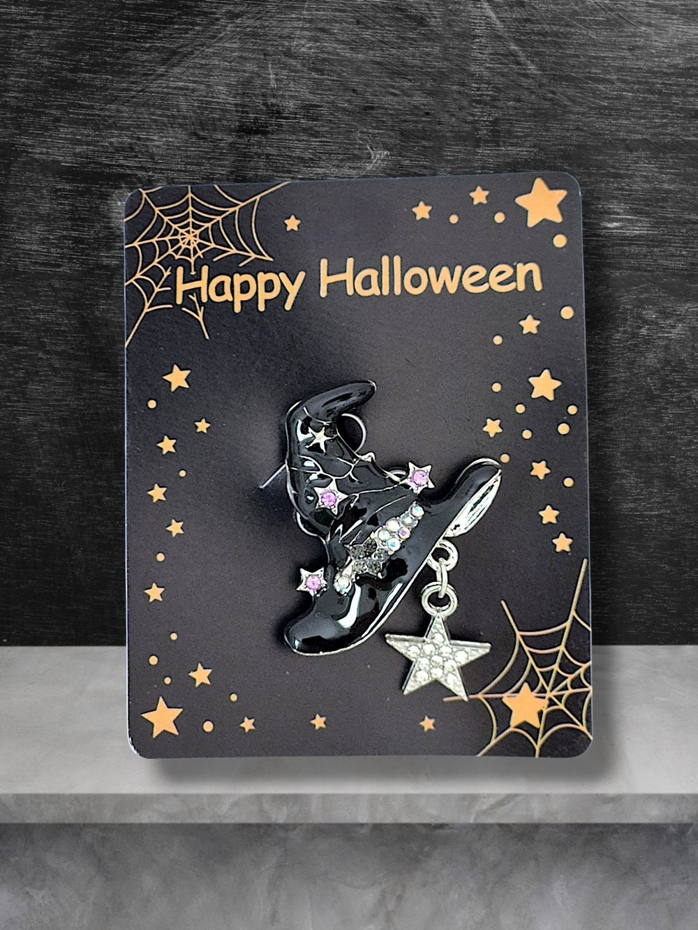 Black Witch's Hat Brooch Pin with Star Charm & Multicolored Crystals